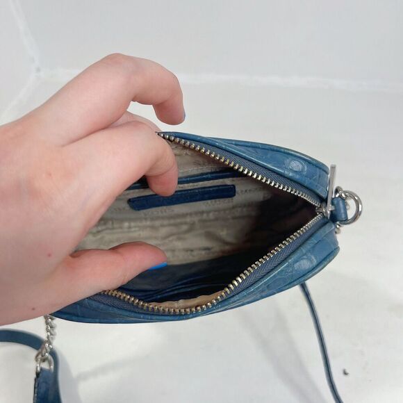 Michael Kors Blue Crocodile Embossed Leather Silver Chain Crossbody Bag Purse - Picture 3 of 8